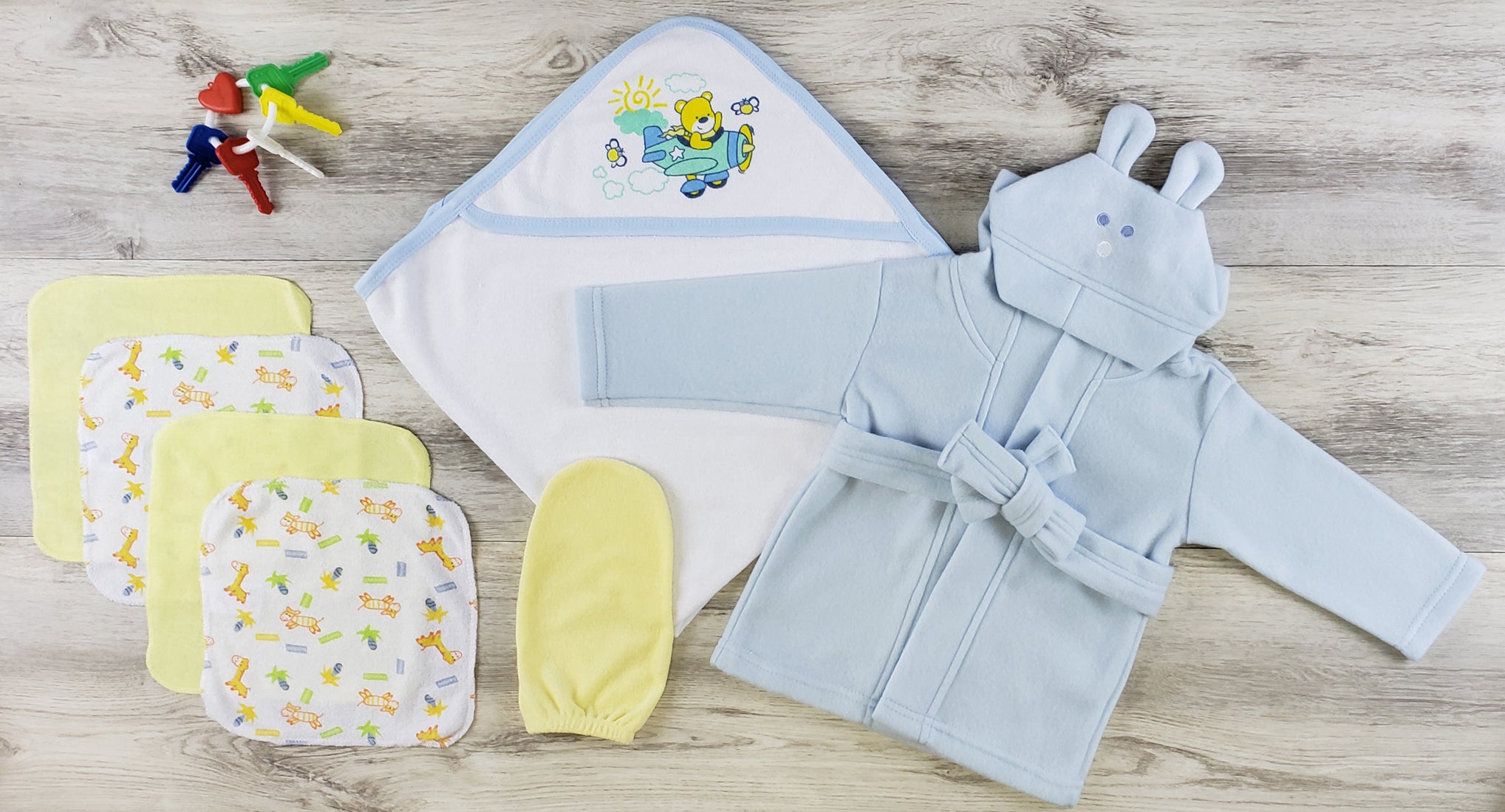 Bambini Hooded Towel, Wash Cloth, Mitten and Robe Layette Set