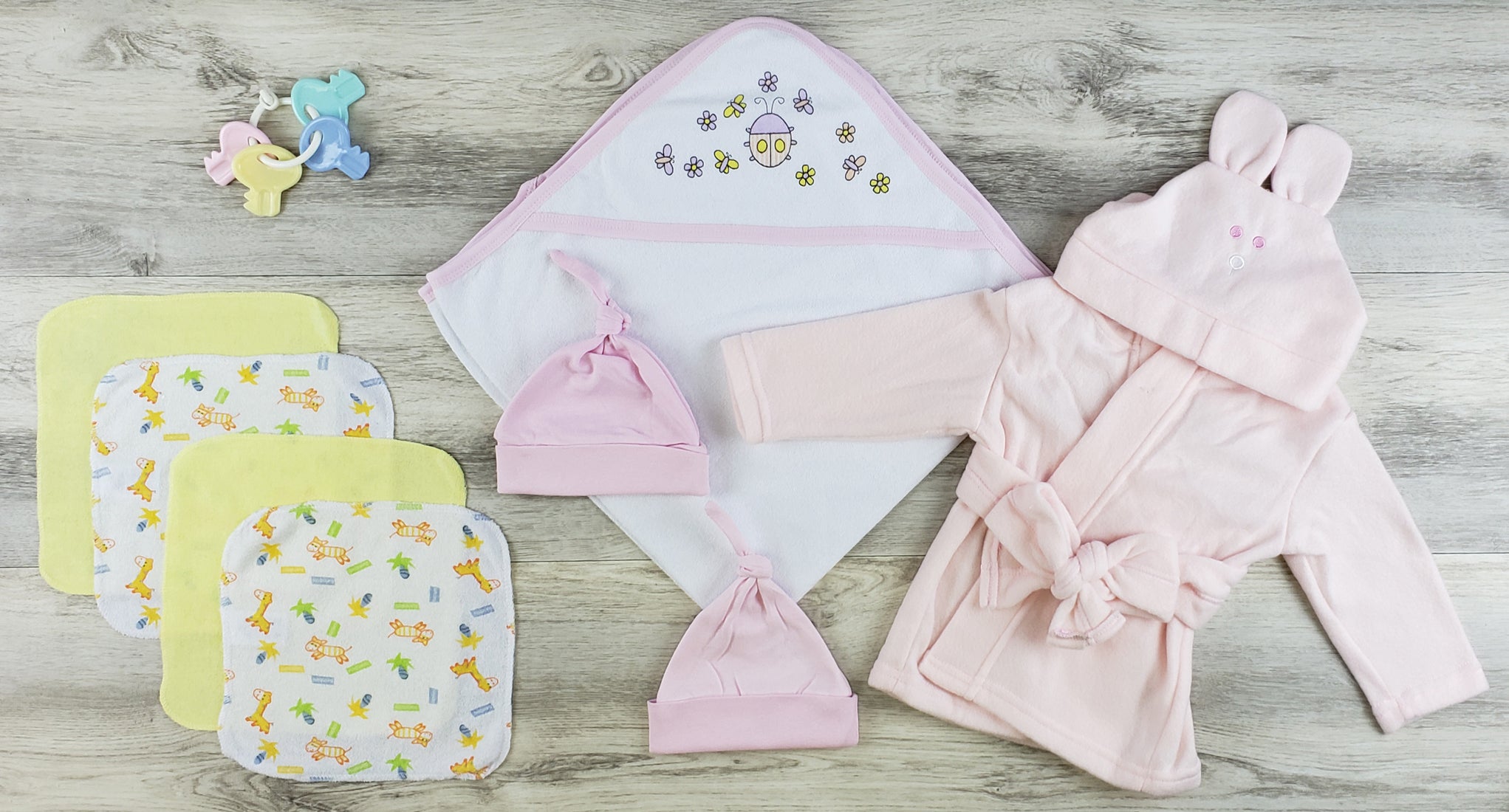 Bambini Hooded Towel, Hats, Wash Cloths and Robe Layette Set