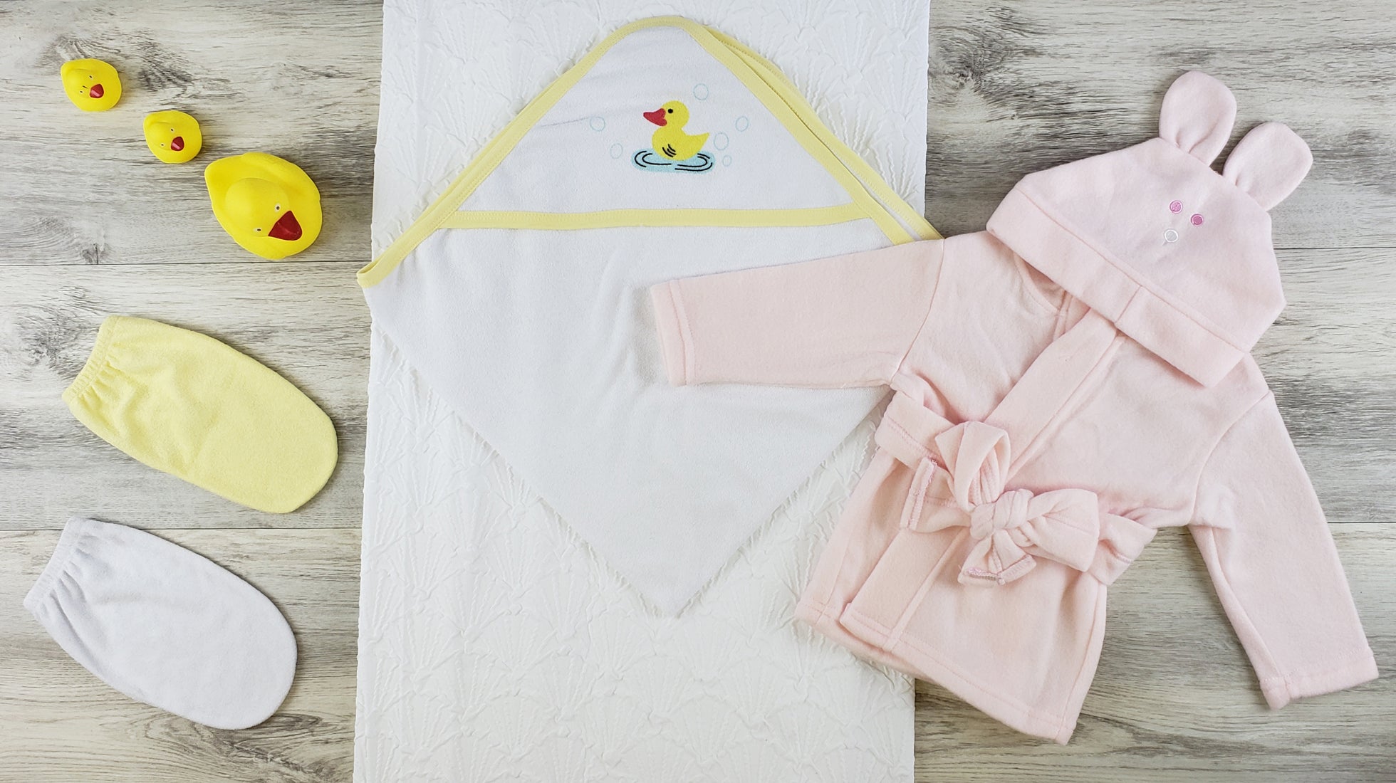 Bambini Hooded Towel, Bath Mittens and Robe Layette Set