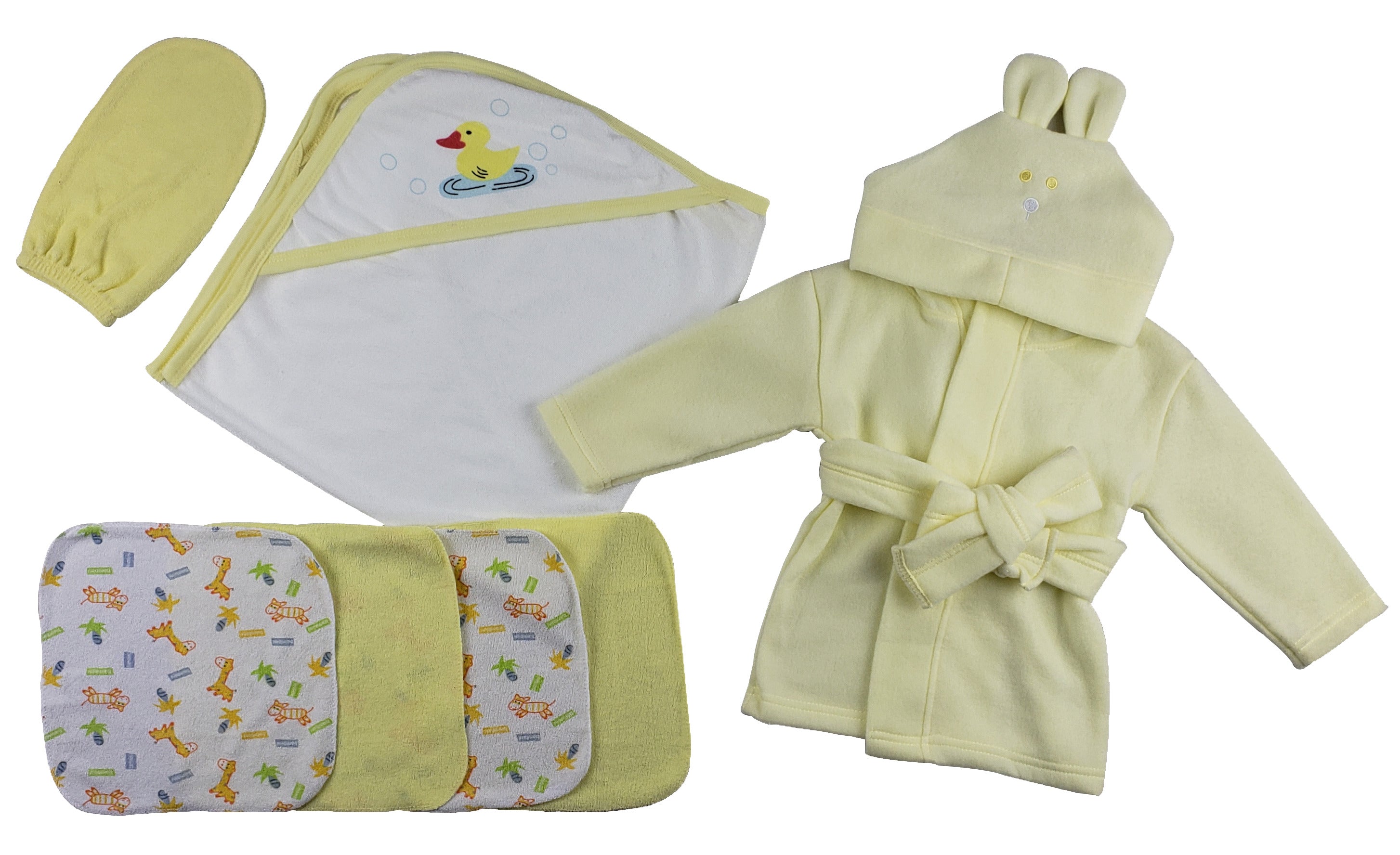 Yellow Infant Robe, Hooded Towel, Washcloths and Hand Washcloth Mitt 7 Piece Bath Set