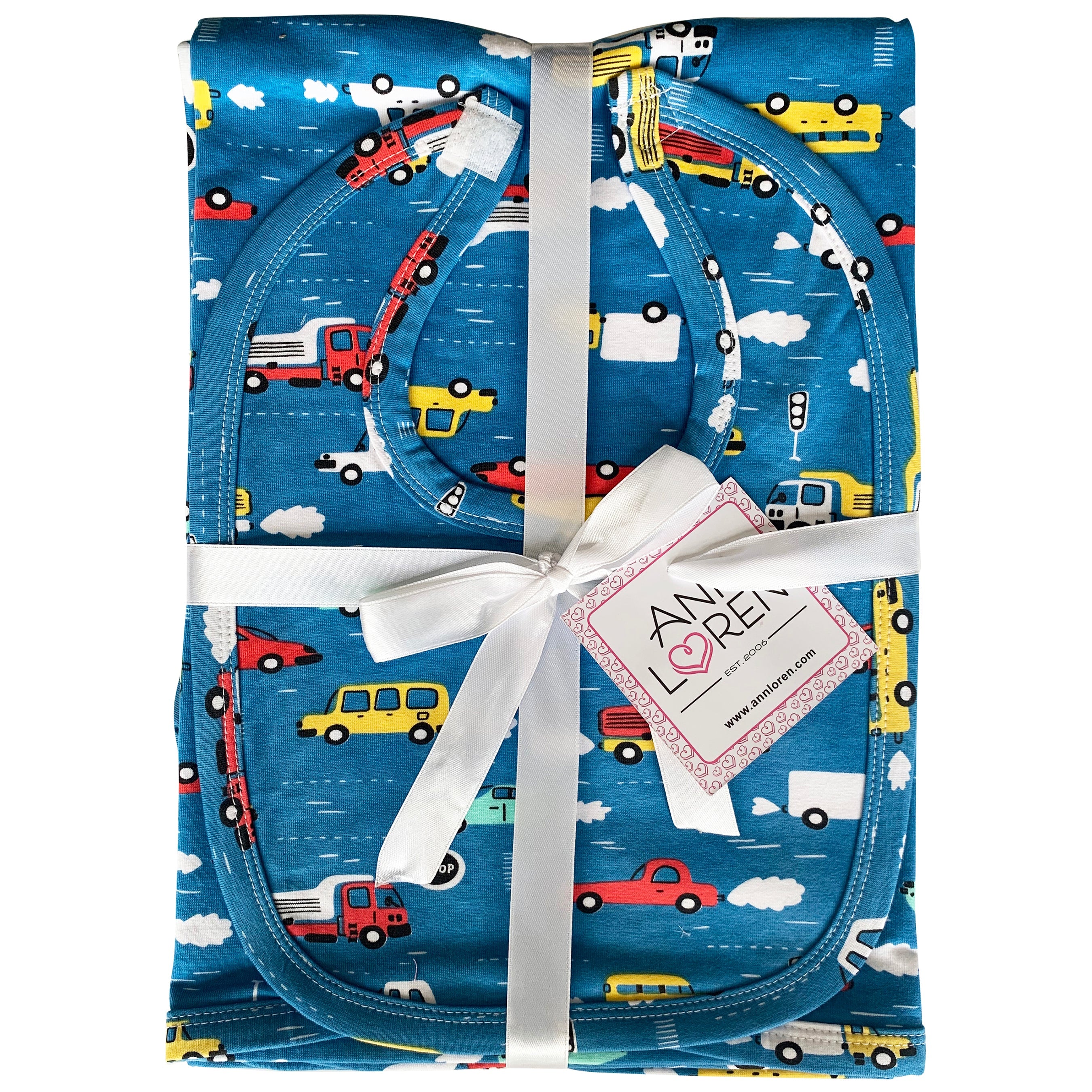 2 Pc Cotton Annloren Baby Boy Trucks Blanket & Bib Gift Set