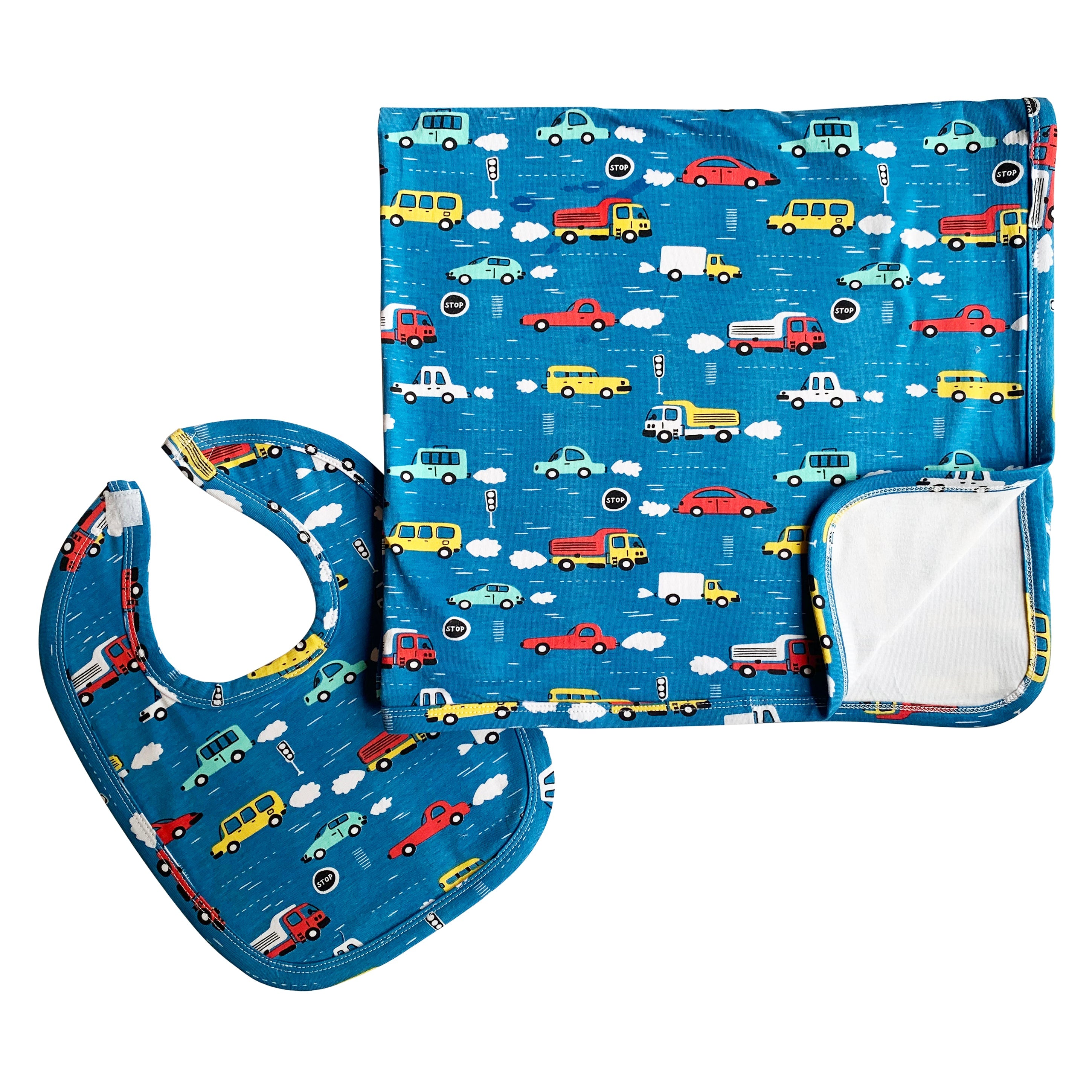 2 Pc Cotton Annloren Baby Boy Trucks Blanket & Bib Gift Set