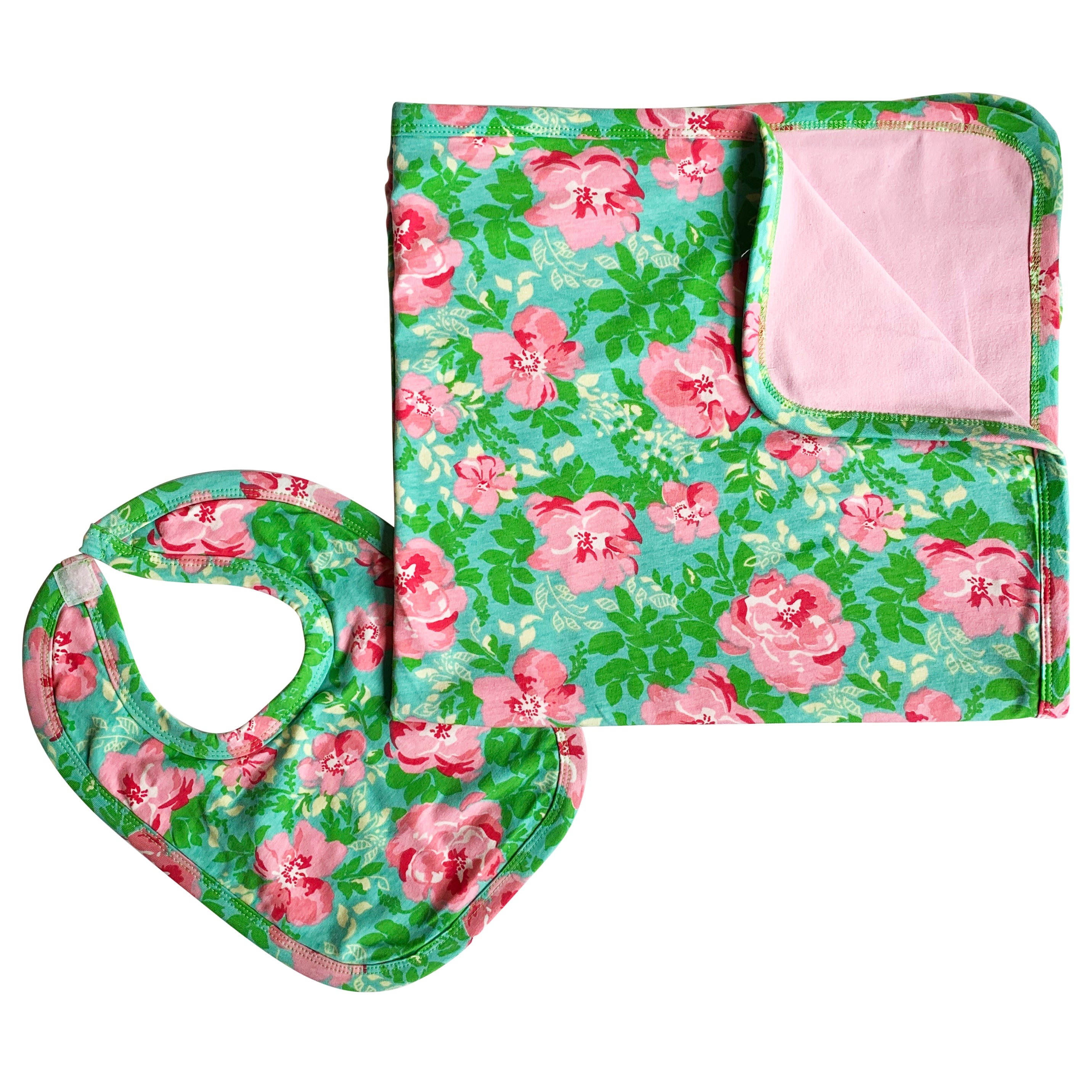 2 Pc Cotton Annloren Baby Girls Floral Blanket & Bib Gift Set