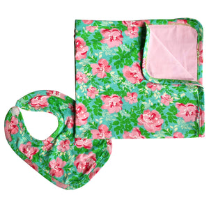 2 Pc Cotton Annloren Baby Girls Floral Blanket & Bib Gift Set