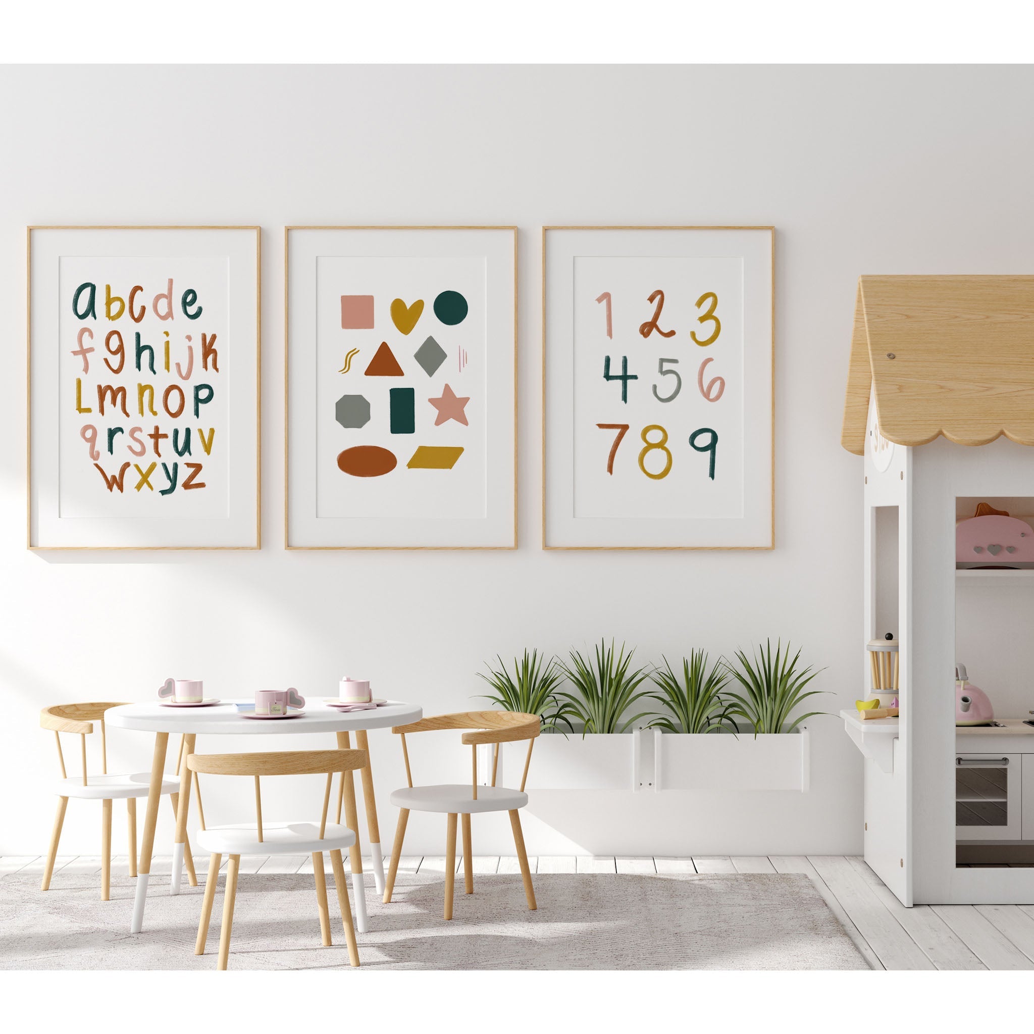 Retro Girls Alphabet, Numbers, Rainbow and Shapes Art Prints (Set of 4)