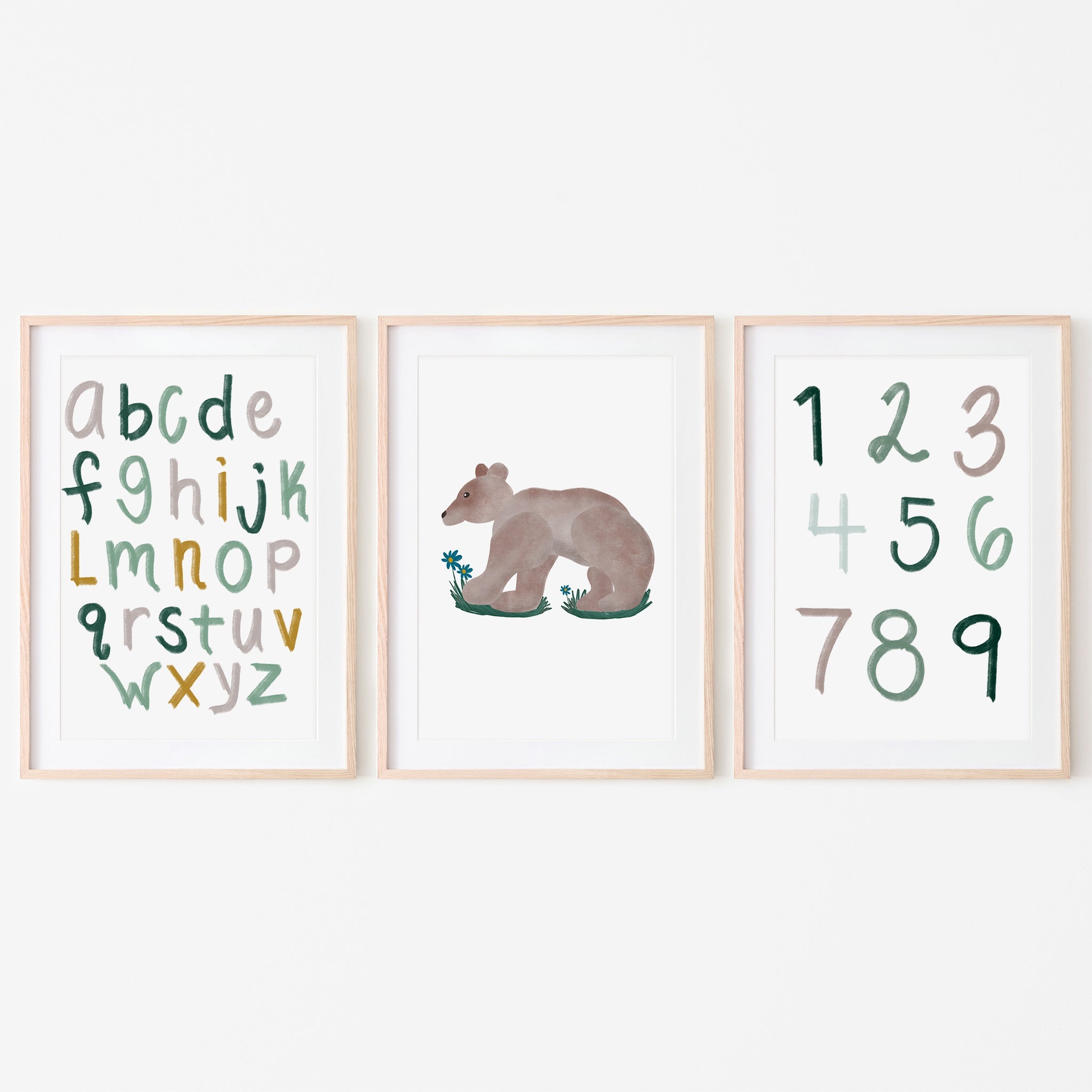 Woodland Alphabet, Numbers and Brown Bear Art Prints (Set of 3)