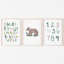 Woodland Alphabet, Numbers and Brown Bear Art Prints (Set of 3)