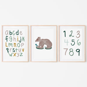 Woodland Alphabet, Numbers and Brown Bear Art Prints (Set of 3)
