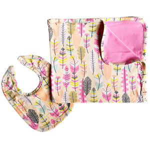 2 Pc Cotton Annloren Baby Girls Feather Blanket & Bib Gift Set