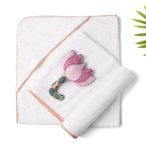 3 Pc Newborn Swaddle with Toy Rattle Essential Set Hooded Towel