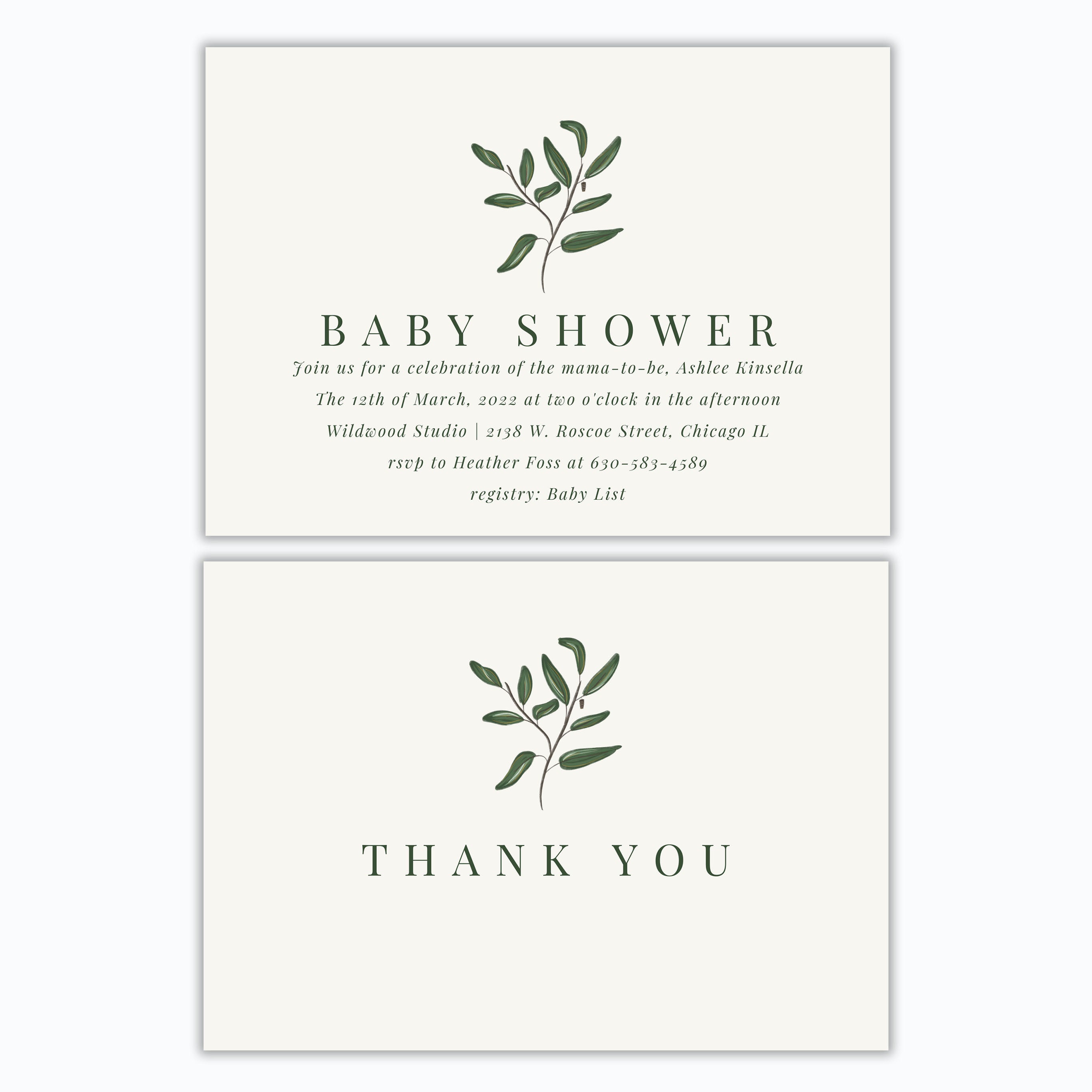 Cocoon Leaves Baby Shower Invitations and Thank You Cards
