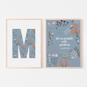 Get Comfortable With Greatness - Michelle Obama Quote with Large Letter Floral Print (Set of 2)