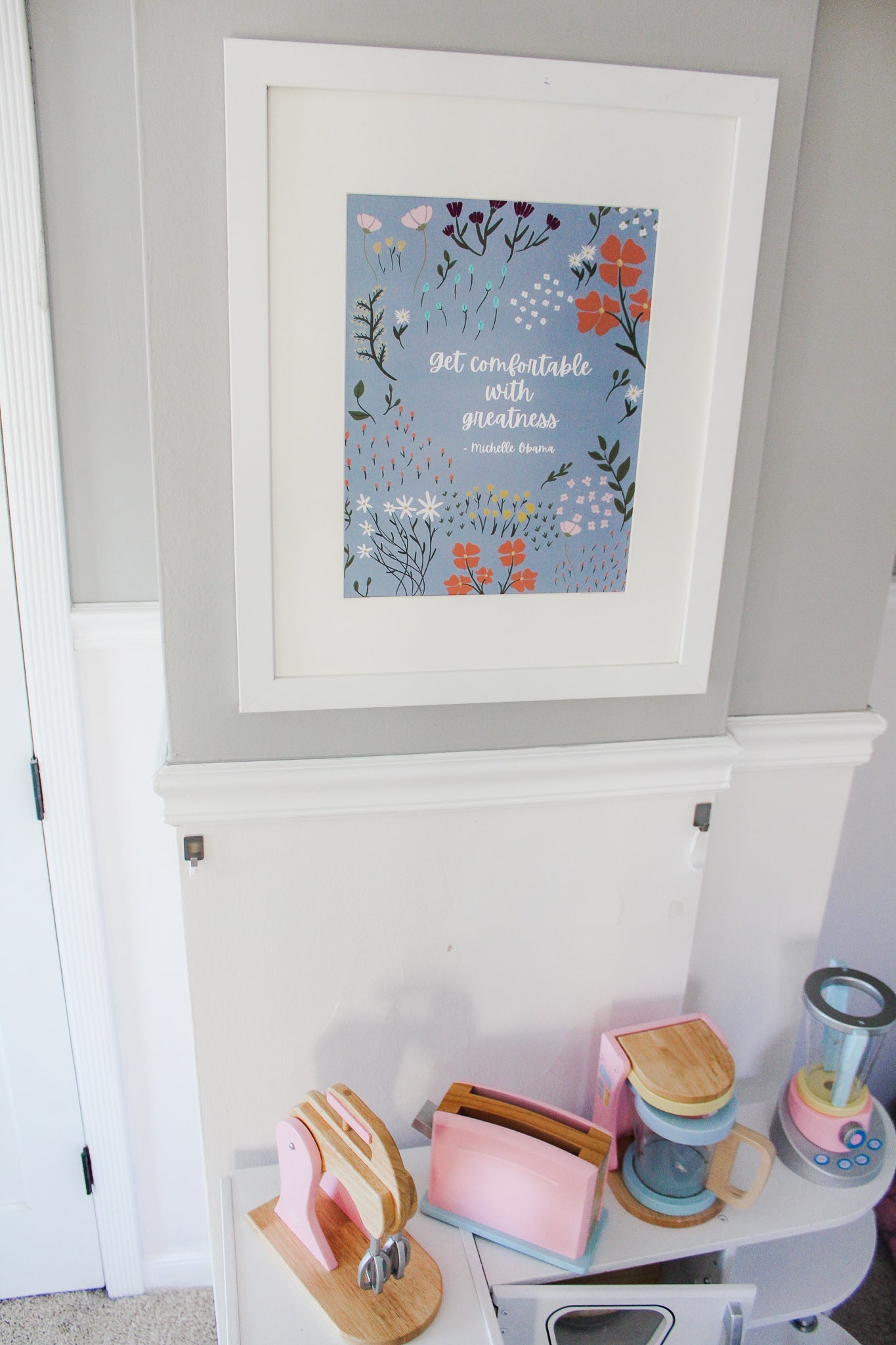 Get Comfortable With Greatness - Michelle Obama Quote with Large Letter Floral Print (Set of 2)