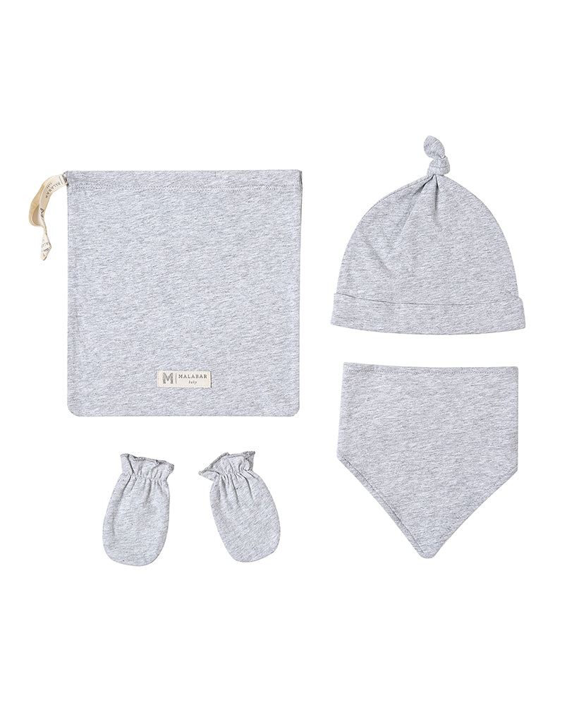 Grey Erawan Cotton Bandana Bib, Mitten, Hat Set for Newborn