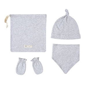 Grey Erawan Cotton Bandana Bib, Mitten, Hat Set for Newborn