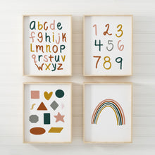 Retro Girls Alphabet, Numbers, Rainbow and Shapes Art Prints (Set of 4)