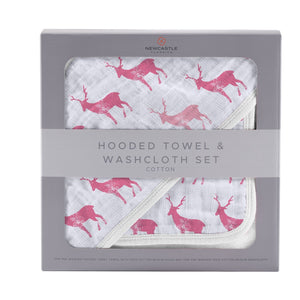 Pink Deer Cotton Hooded Towel and Washcloth Set
