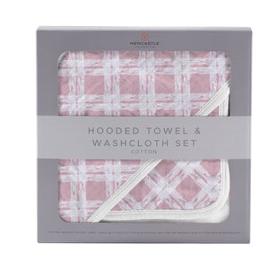 Pink Plaid Cotton Hooded Towel and Washcloth Set