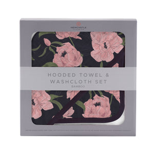 Peonies Hooded Bamboo Muslin Baby Towel and Washcloth Set