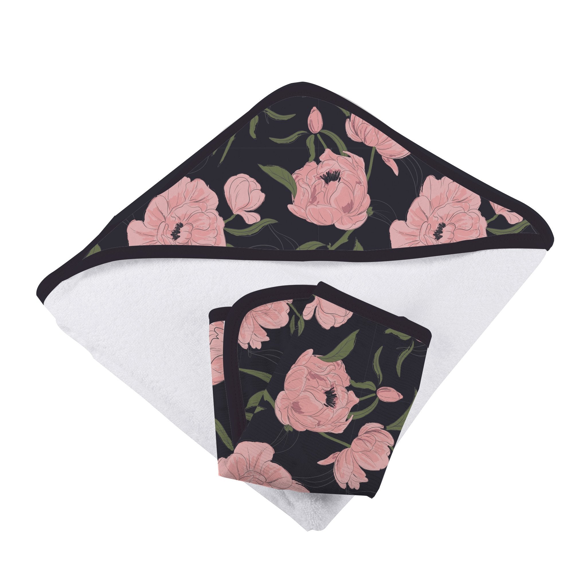 Peonies Hooded Bamboo Muslin Baby Towel and Washcloth Set