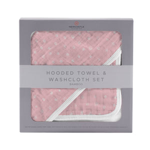 Pink Pearl Polka Dot Bamboo Hooded Towel and Washcloth Set