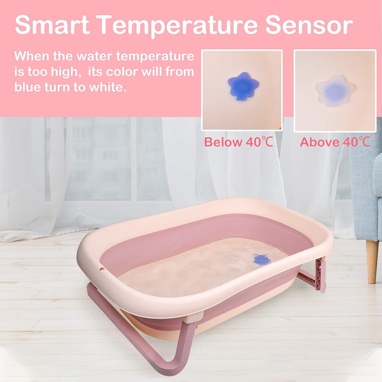 TOLEAD Folding Baby Bathtub with Smart Temperature Sensor, Certificated CPC 4-in-1 Bathtub Includes Sling and Cushion for Baby Three Stages Grow, L30.90" W19.30" H9.10" (Pink)…