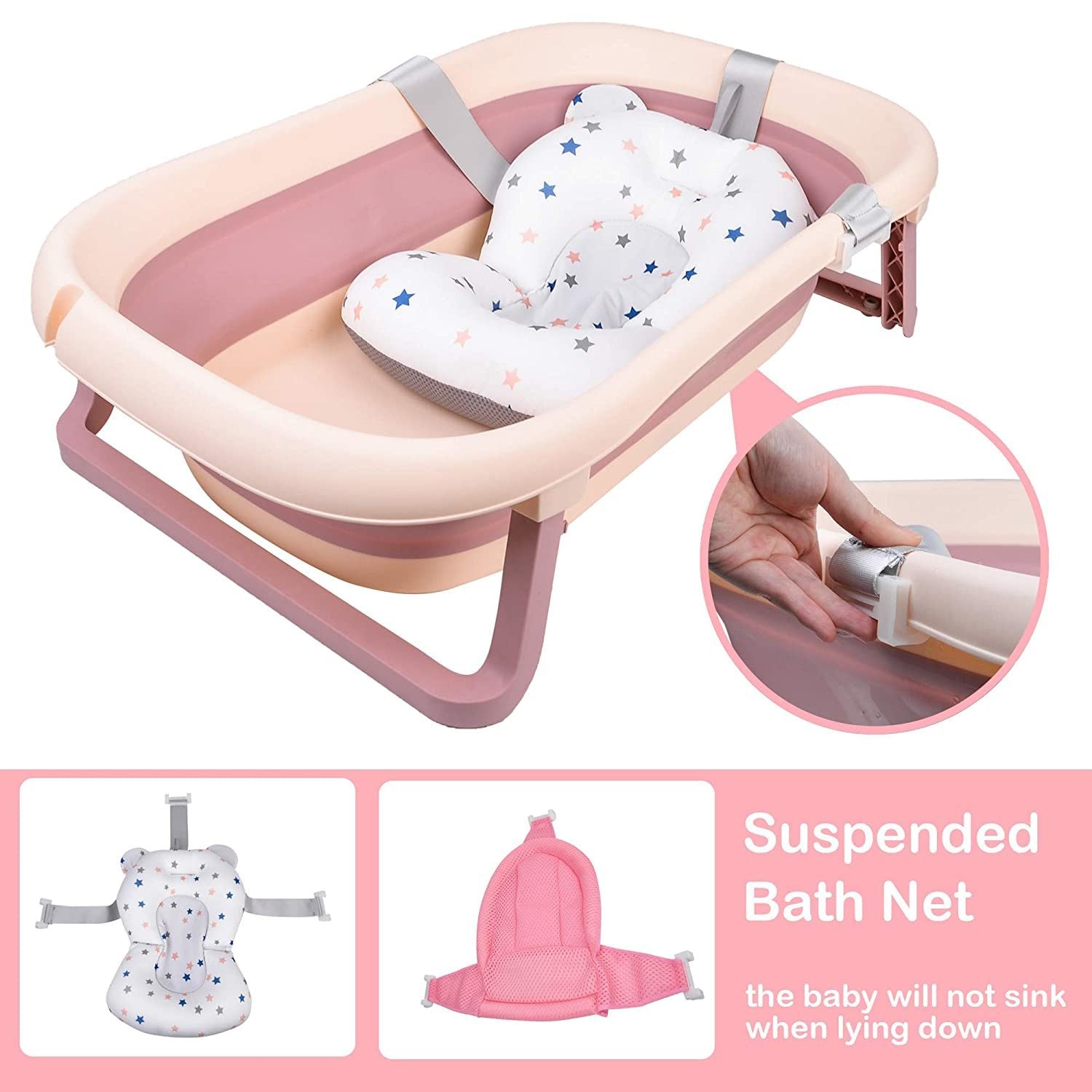 TOLEAD Folding Baby Bathtub with Smart Temperature Sensor, Certificated CPC 4-in-1 Bathtub Includes Sling and Cushion for Baby Three Stages Grow, L30.90" W19.30" H9.10" (Pink)…