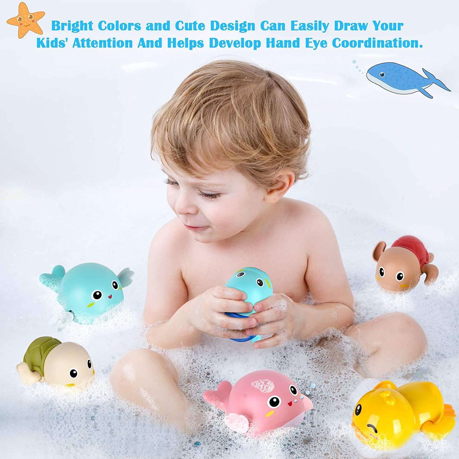 Toddlers Bath Toy, Manual Wind-Up Crab & Turtle Baby Bathtub Toys, Cute turtles, ducks and dolphins,Birthday for 2 3 4 5 6 Years Old,6Pcs +1 Organizer
