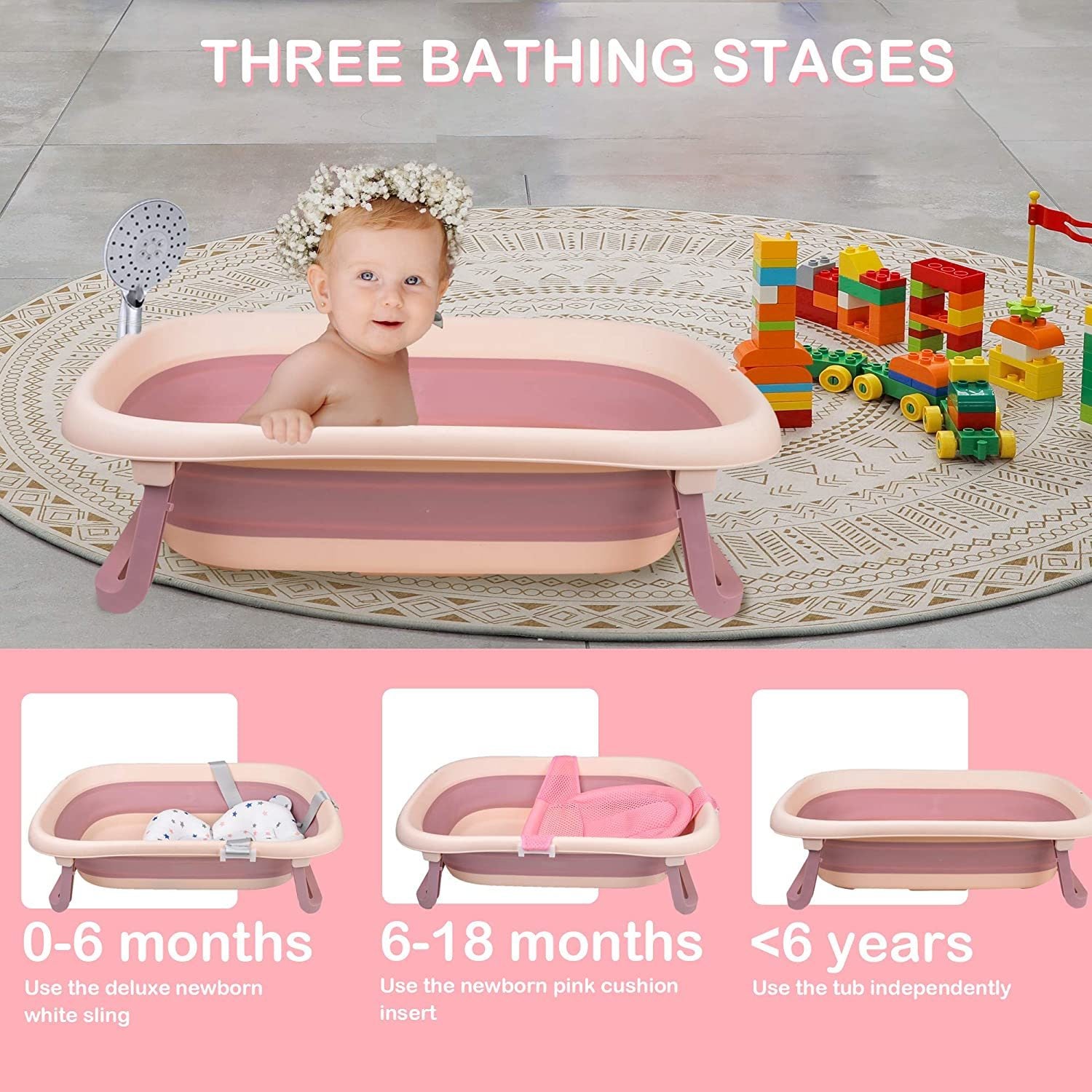 TOLEAD Folding Baby Bathtub with Smart Temperature Sensor, Certificated CPC 4-in-1 Bathtub Includes Sling and Cushion for Baby Three Stages Grow, L30.90" W19.30" H9.10" (Pink)…
