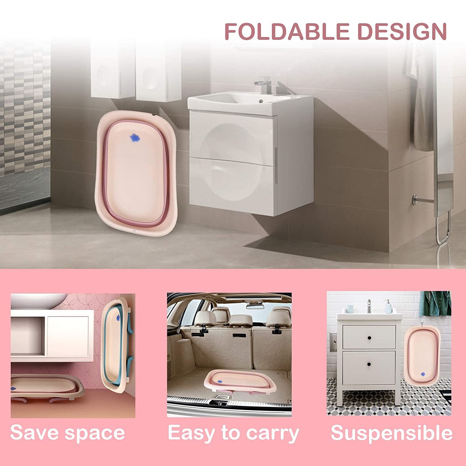 TOLEAD Folding Baby Bathtub with Smart Temperature Sensor, Certificated CPC 4-in-1 Bathtub Includes Sling and Cushion for Baby Three Stages Grow, L30.90" W19.30" H9.10" (Pink)…