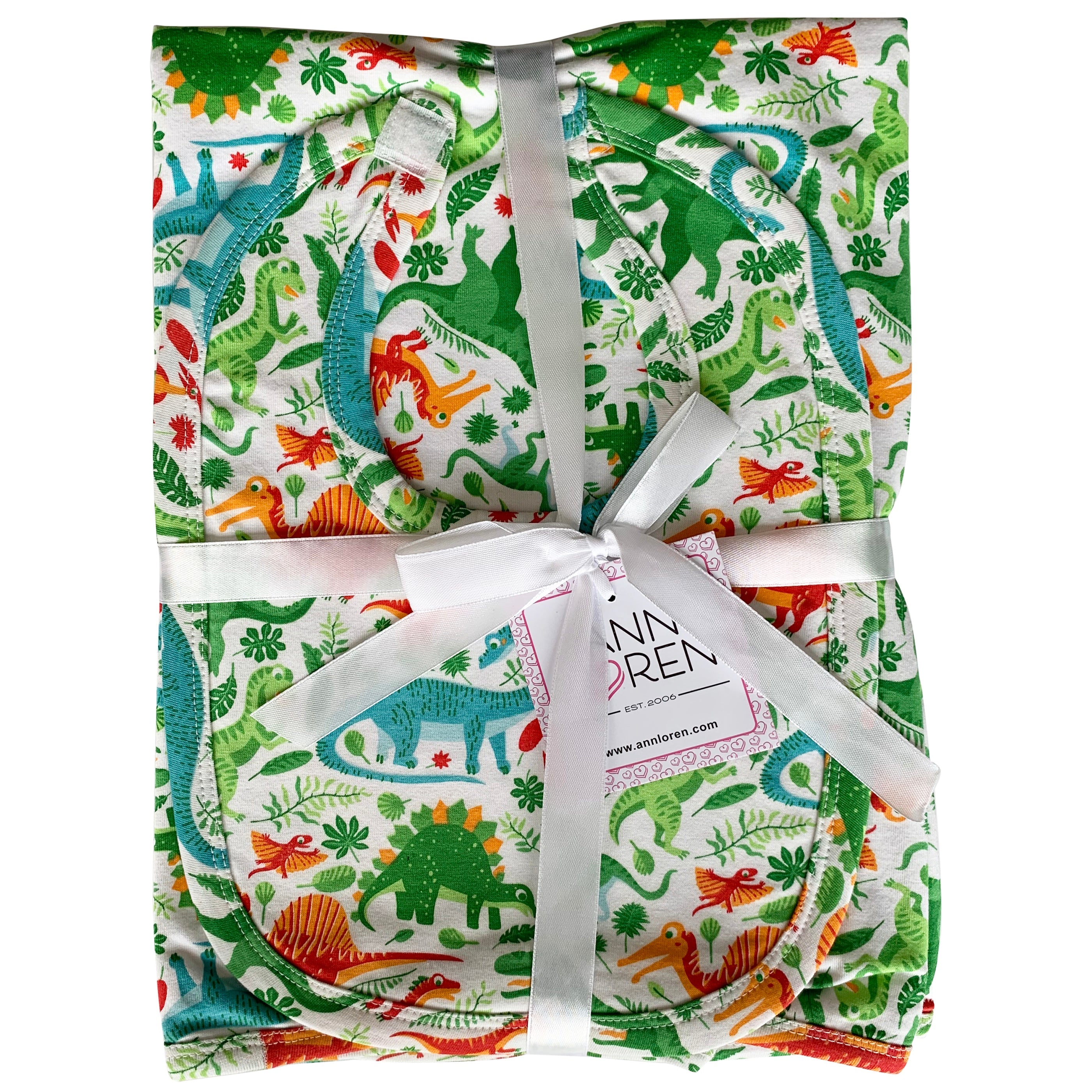 2 Pc Cotton Annloren Baby Boy Dinosaur Blanket & Bib Gift Set