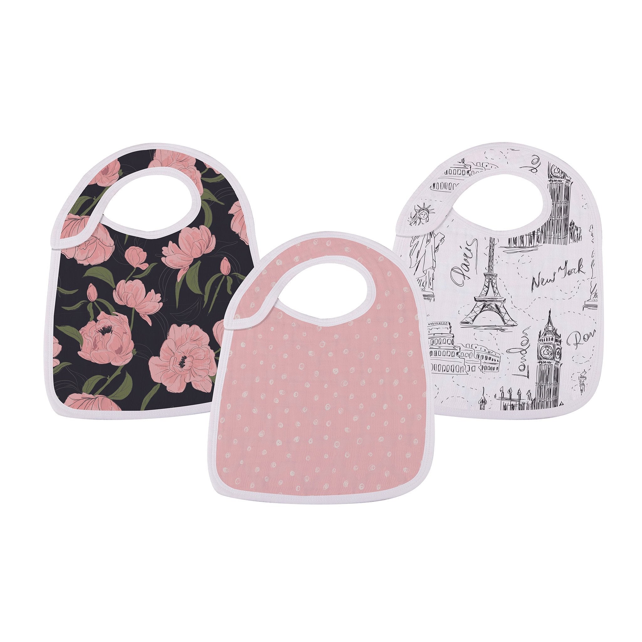 London, Paris, New York Bamboo Muslin Baby Snap Bibs